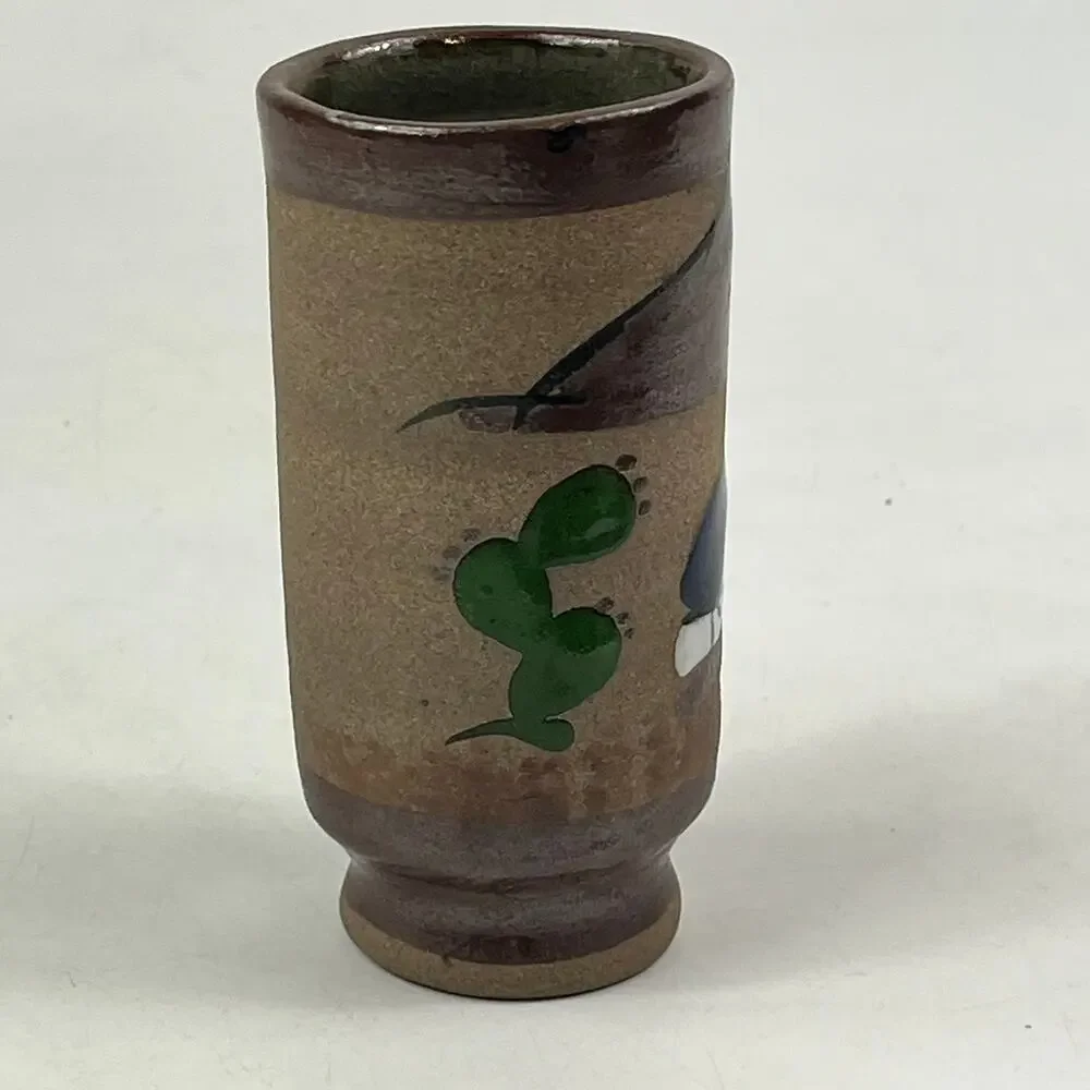 Vtg Tonala Mexican Folk Art Pottery Bud Vase Hand Painted Desert Campesino Scene
